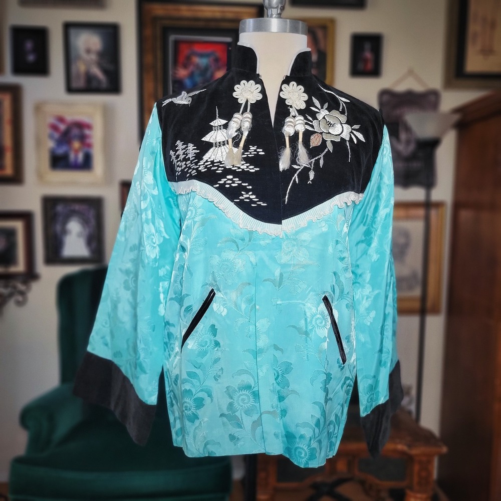 Asian Turquoise Satin Jacket Vintage Velvet Embroidered Pagoda Tassel Large Blue